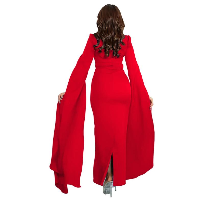 Red Cape Sleeves Square Neck Diamonds Elegant Women Prom Party Long Dress