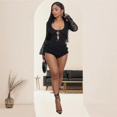 Black Lace Sexy Backless Flared Sleeve Lace One-Piece Romper Dress 002