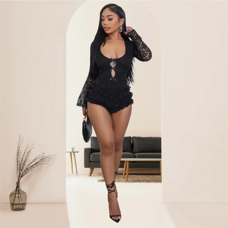 Black Lace Sexy Backless Flared Sleeve Lace One-Piece Romper Dress 002