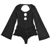 Black Lace Sexy Backless Flared Sleeve Lace One-Piece Romper Dress 002