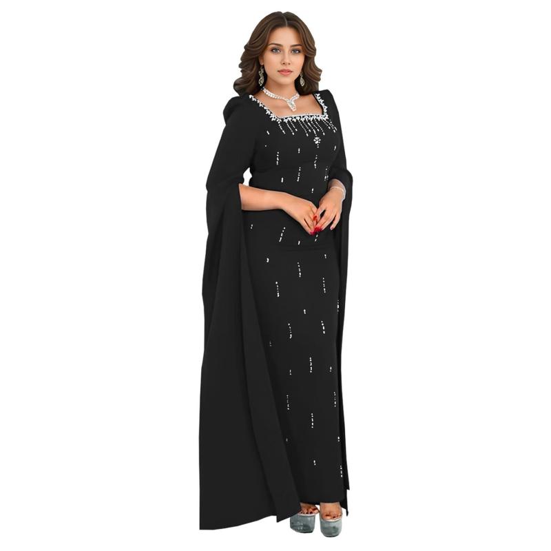 Black Cape Sleeves Square Neck Diamonds Elegant Women Prom Party Long Dress