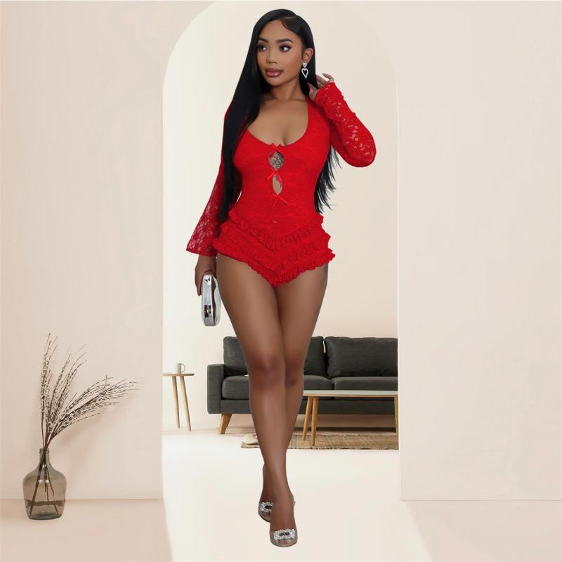 Red Lace Sexy Backless Flared Sleeve Lace One-Piece Romper Dress