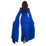 Blue Cape Sleeves Square Neck Diamonds Elegant Women Prom Party Long Dress