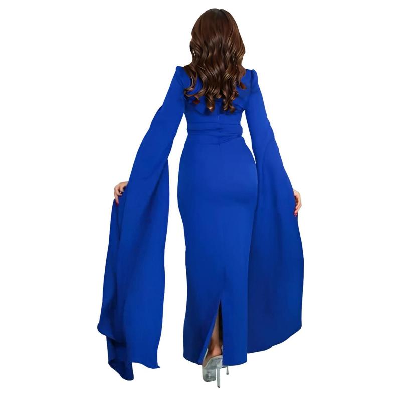 Blue Cape Sleeves Square Neck Diamonds Elegant Women Prom Party Long Dress