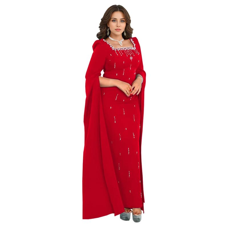 Red Cape Sleeves Square Neck Diamonds Elegant Women Prom Party Long Dress