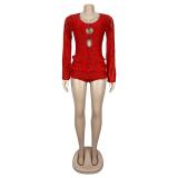 Red Lace Sexy Backless Flared Sleeve Lace One-Piece Romper Dress