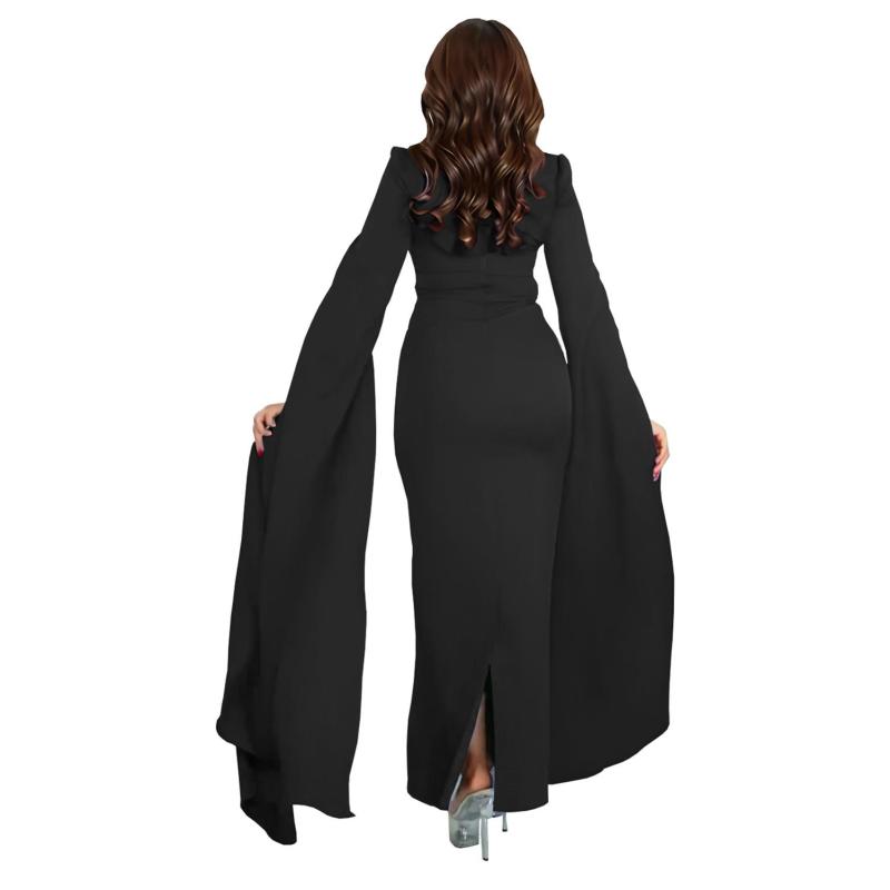 Black Cape Sleeves Square Neck Diamonds Elegant Women Prom Party Long Dress