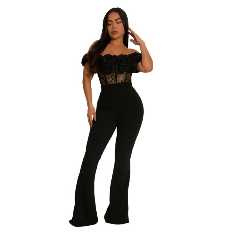 Black Off Shoulder Lace 3D Flowers Hollow Out Sexy Women Party Prom Jumpsuits