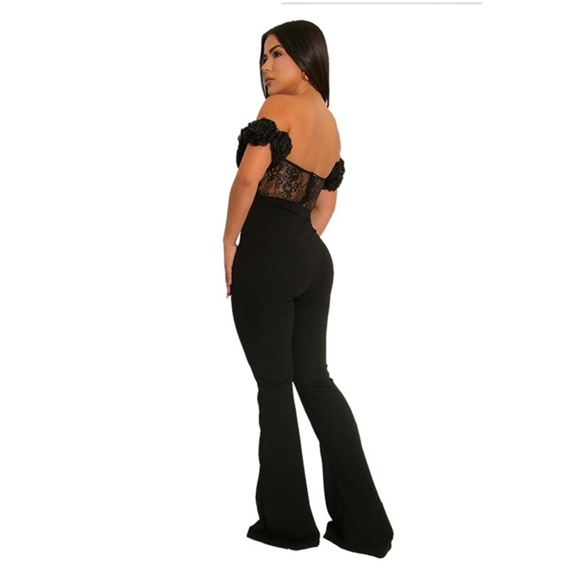 Black Off Shoulder Lace 3D Flowers Hollow Out Sexy Women Party Prom Jumpsuits