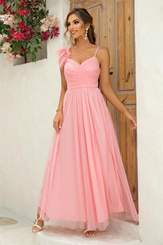 Pink Straps Low Cut V Neck Ruffles Mesh Elegant Women's Birthday Prom Dress