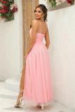 Pink Straps Low Cut V Neck Ruffles Mesh Elegant Women's Birthday Prom Dress