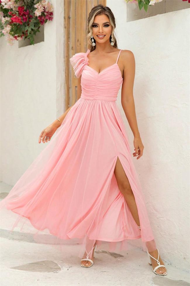 Pink Straps Low Cut V Neck Ruffles Mesh Elegant Women's Birthday Prom Dress