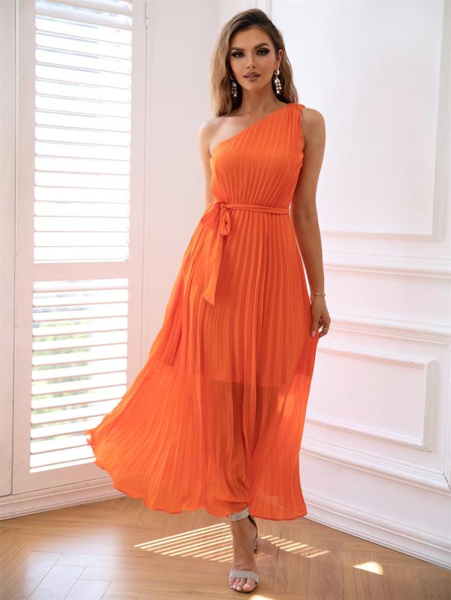 Orange Halter One Shoulder Mesh Pleated Summer Fashion Vacation Long Dress