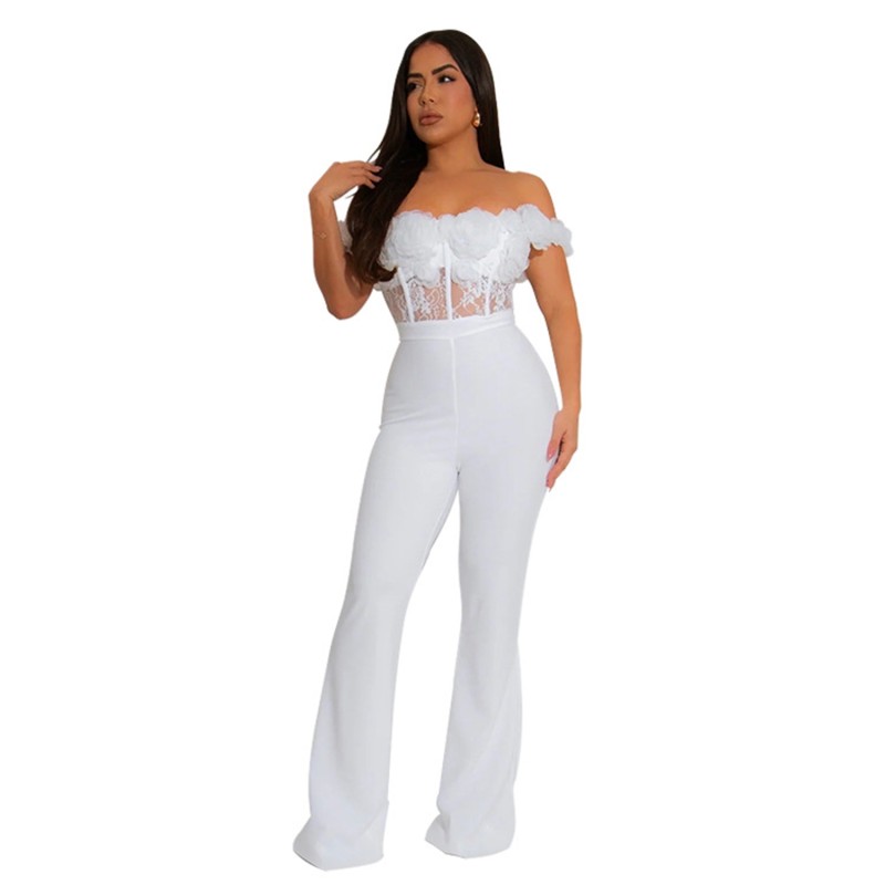 White Off Shoulder Lace 3D Flowers Hollow Out Sexy Women Party Prom Jumpsuits