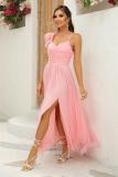 Pink Straps Low Cut V Neck Ruffles Mesh Elegant Women's Birthday Prom Dress
