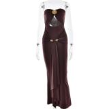 Coffee Off Shoulder Cut Out Snatched Pleated Evening Formal Maxi Dress