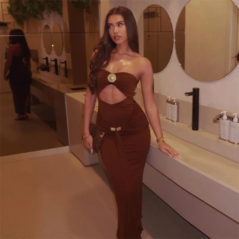 Coffee Off Shoulder Cut Out Snatched Pleated Evening Formal Maxi Dress