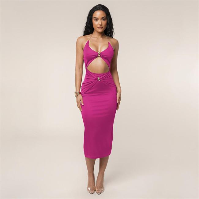 Rose Red Straps Chains Low Cut Cut Out Pleated Evening Clubwear Dress