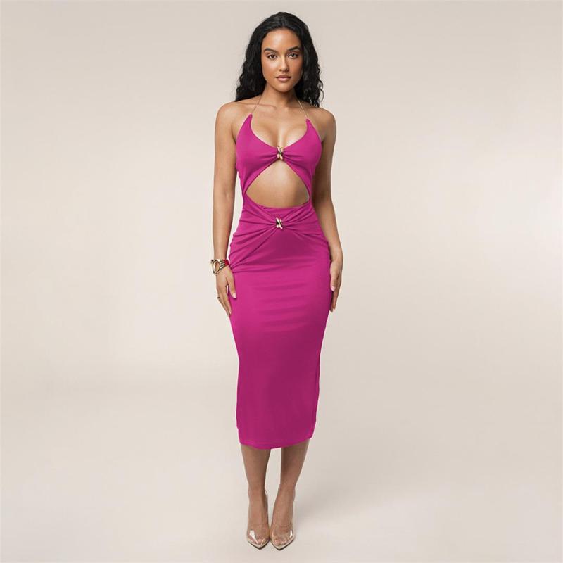 Rose Red Straps Chains Low Cut Cut Out Pleated Evening Clubwear Dress