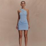 Sky Blue Mesh Ribbon Off Shoulder Pleated Elegant Bodycon Mini Dress