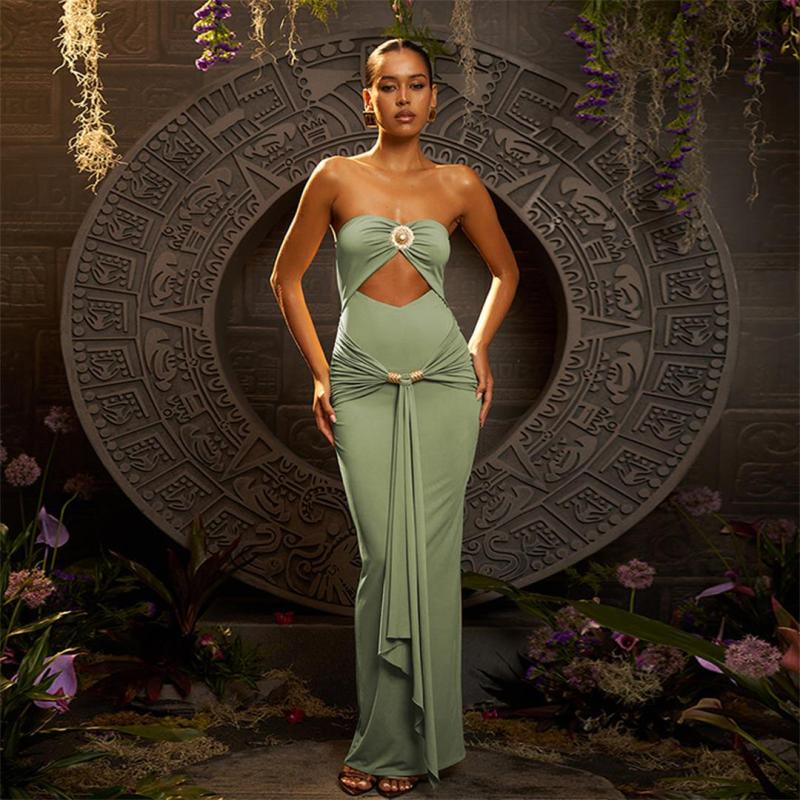 Green Off Shoulder Cut Out Snatched Pleated Evening Formal Maxi Dress