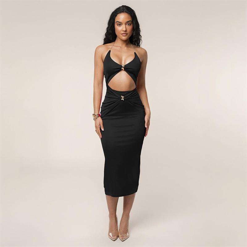 Black Straps Chains Low Cut Cut Out Pleated Evening Clubwear Dress