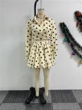 Beige Two Pieces Printed Dots Cut Cut Lace Up Pleated Mini Skirt Dress