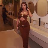 Coffee Off Shoulder Cut Out Snatched Pleated Evening Formal Maxi Dress