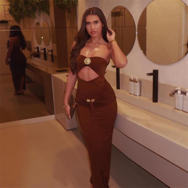 Coffee Off Shoulder Cut Out Snatched Pleated Evening Formal Maxi Dress