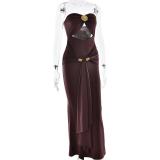 Coffee Off Shoulder Cut Out Snatched Pleated Evening Formal Maxi Dress