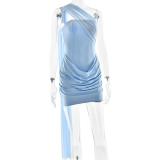 Sky Blue Mesh Ribbon Off Shoulder Pleated Elegant Bodycon Mini Dress