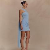 Sky Blue Mesh Ribbon Off Shoulder Pleated Elegant Bodycon Mini Dress