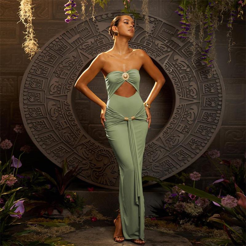 Green Off Shoulder Cut Out Snatched Pleated Evening Formal Maxi Dress