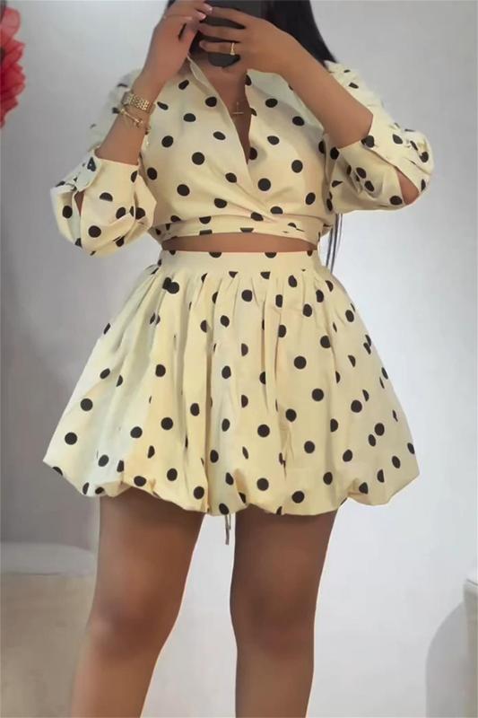 Beige Two Pieces Printed Dots Cut Cut Lace Up Pleated Mini Skirt Dress