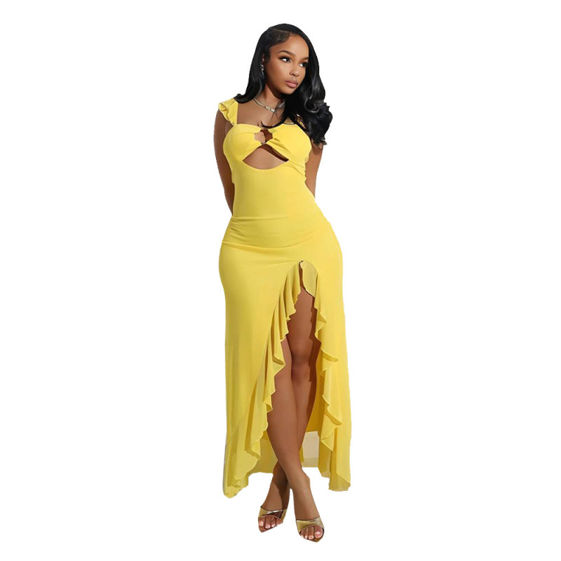 Yellow Straps Low Cut Ruffles Hollow Out Sexy High Slit Maxi Dress