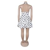 White Deep V Neck Printed Dots Lace Up Girl's Puffy Skirt