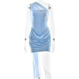 Sky Blue Mesh Ribbon Off Shoulder Pleated Elegant Bodycon Mini Dress