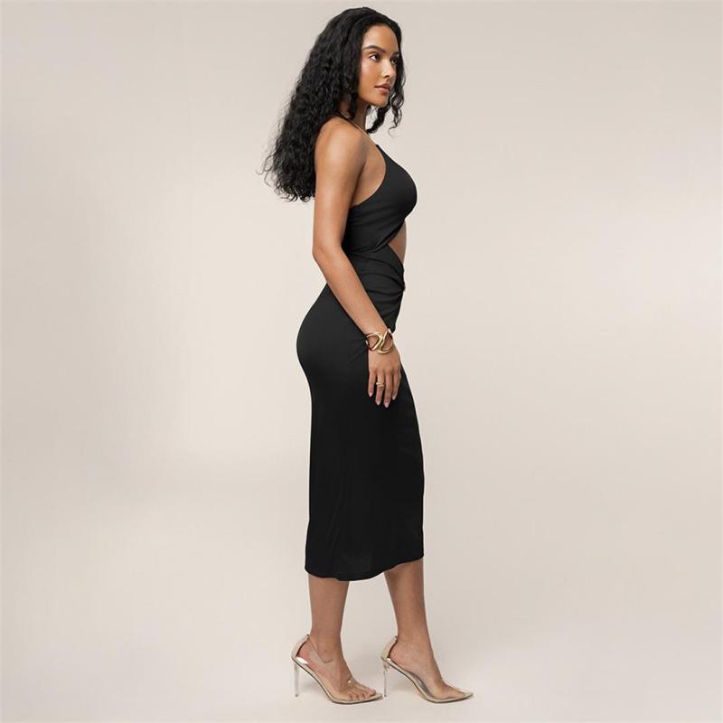 Black Straps Chains Low Cut Cut Out Pleated Evening Clubwear Dress