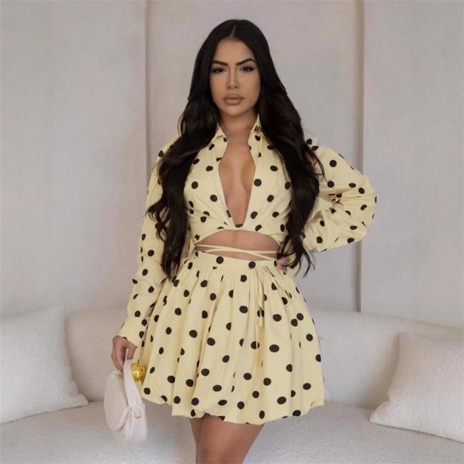 Beige Two Pieces Printed Dots Cut Cut Lace Up Pleated Mini Skirt Dress
