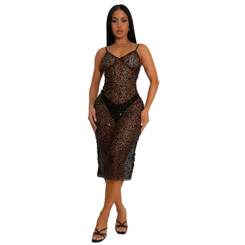 Black Straps Sequins Hollow Out Mesh Sexy See Through Club Dress