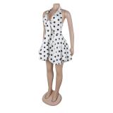 White Deep V Neck Printed Dots Lace Up Girl's Puffy Skirt