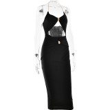 Black Straps Chains Low Cut Cut Out Pleated Evening Clubwear Dress
