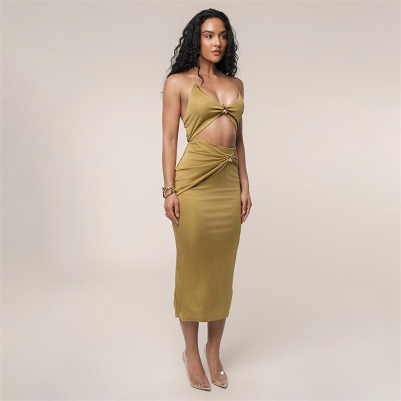 Khaki Straps Chains Low Cut Cut Out Pleated Evening Clubwear Dress