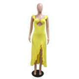 Yellow Straps Low Cut Ruffles Hollow Out Sexy High Slit Maxi Dress