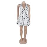 White Deep V Neck Printed Dots Lace Up Girl's Puffy Skirt