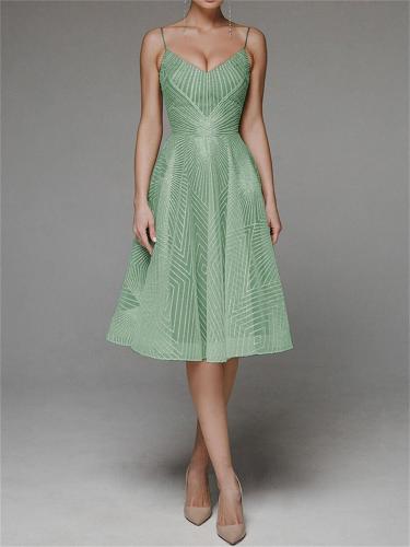 Green Straps Low Cut V Neck Embroidered Mesh Lace Elegant Evening Party Wedding Midi Dress