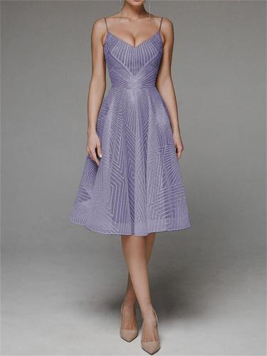 Purple Straps Low Cut V Neck Embroidered Mesh Lace Elegant Evening Party Wedding Midi Dress