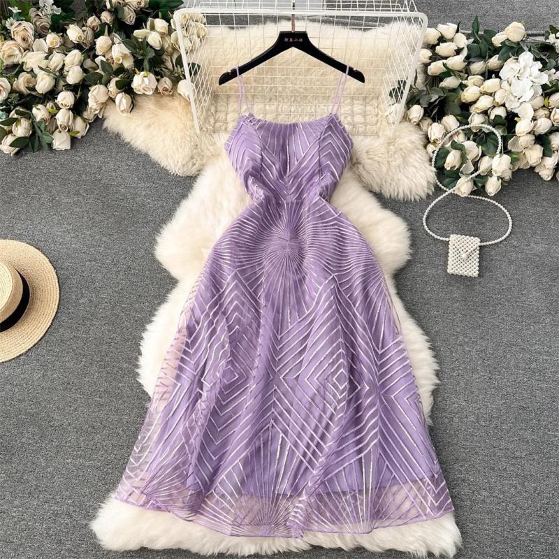 Purple Straps Low Cut V Neck Embroidered Mesh Lace Elegant Evening Party Wedding Midi Dress