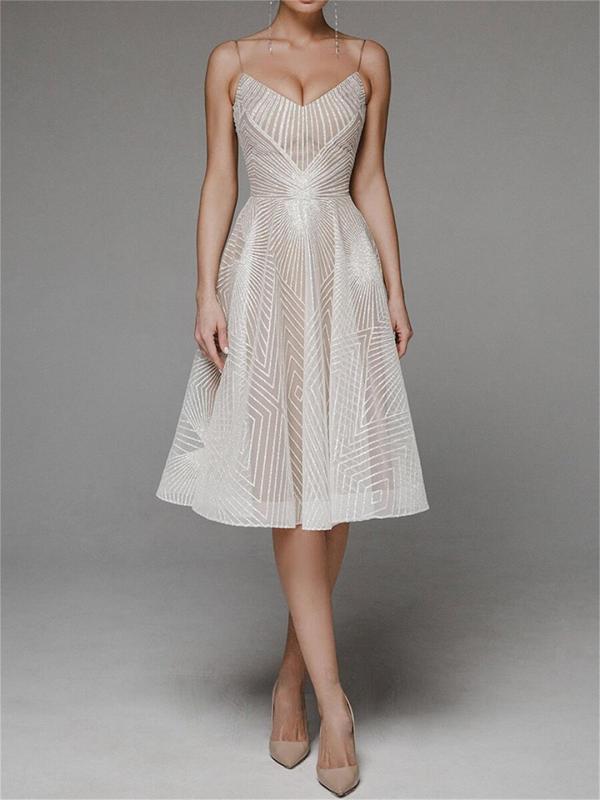 Beige Straps Low Cut V Neck Embroidered Mesh Lace Elegant Evening Party Wedding Midi Dress