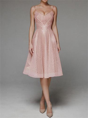 Pink Straps Low Cut V Neck Embroidered Mesh Lace Elegant Evening Party Wedding Midi Dress